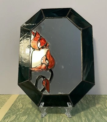 Vtg Stained Glass Leaded Green Slag Glass Mirror Red Flowers Signed BSS - Image 1 of 4