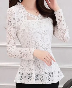 Fashion Lady Sheer Blouse Top Lace Shirt Hollow Out Ruffle Flower Slim Fit Party - Picture 1 of 2
