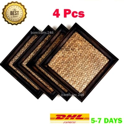 Set of 4 Vintage Wooden Trays Serving Tray 8"x8" Coffee Tray Tea Tray Breakfast - Image 1 of 4