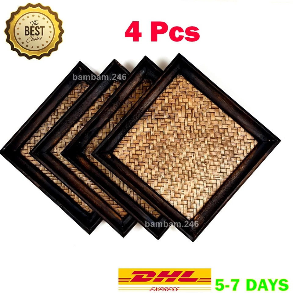 Set of 4 Vintage Wooden Trays Serving Tray 8"x8" Coffee Tray Tea Tray Breakfast - Image 1 of 4