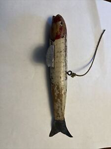 Vintage Wooden And Metal Red And White Weighted Rustic Fish Decoy