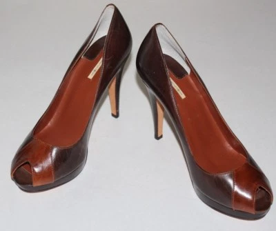 Zapatos de salón MAXSTUDIO 8 M marrón todo cuero tostado punta abierta tacones de 4,25" plataforma de 0,5" Foto 1 de 4