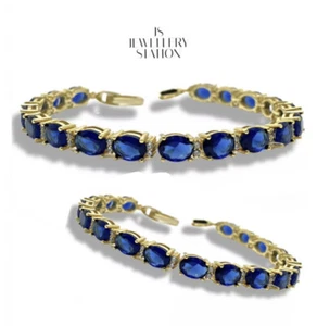 yellow gold finish sapphire and created diamond tennis bracelet  - Picture 1 of 6