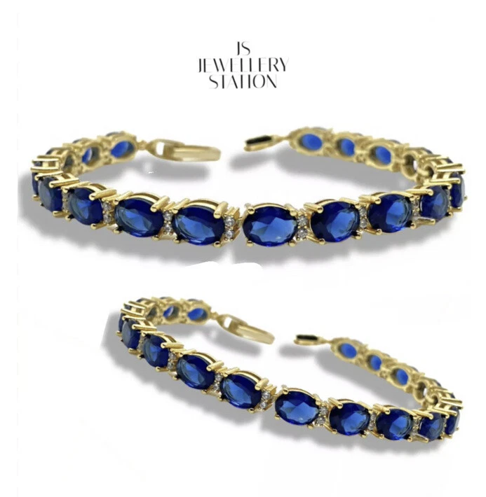 Yellow Gold Finish Oval-Cut Blue Sapphire & Created Diamond Tennis Bracelet - Image 1 of 4