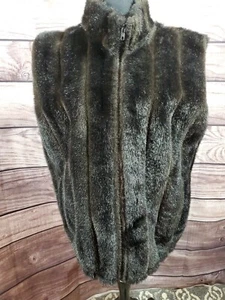 Women's Faux Fur Vest Size Large Full Zip Sleeveless Black Brown Duffel Outdoor - Picture 1 of 6