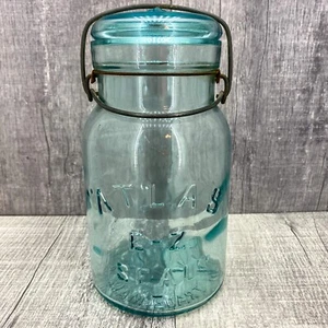 Antique Light Blue Quart Atlas E-Z Seal Glass Canning Jar With Matching Lid - Picture 1 of 11