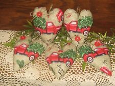 Country Christmas 5 Red Truck Fabric Hearts Bowl Fillers Handmade Tree Ornaments