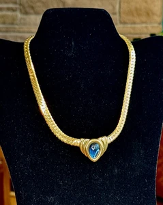 NAPIER Vintage Gold Tone Curb Chain Choker Blue Gripoix Glass Cabochon Necklace - Picture 1 of 15