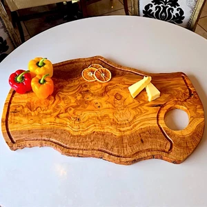 Irregular Shaped Natural Olive Wooden Cheese Board Tray With Handle and Grooves - Picture 1 of 20
