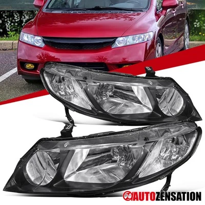 Fit 2006-2011 Honda Civic 4Dr Sedan Black Headlights Head Lamps Left+Right 06-11 Foto 1 de 4