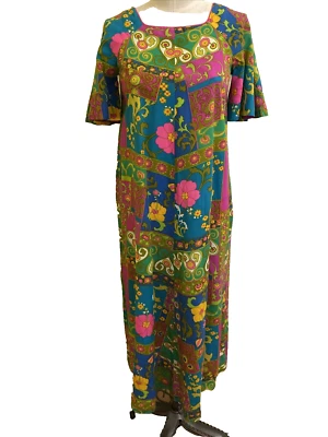 Maxi Vestido Mildred's of Hawaii Vintage Años 60 70 Mod Azul Verde Usado en Excelente Condición Muumuu Muu Z50 Foto 1 de 4