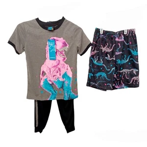 Jellifish Kids Boys 3 Pc Dinosaur Pajama Set-6/7-Shorts-Long Pants-T-Shirt - Picture 1 of 4