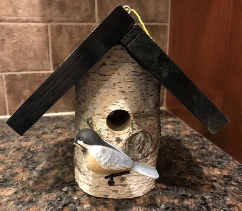 Collectible Bird House~Birch Wood~Decorative Only~Black Roof~Ceramic Bird Cover