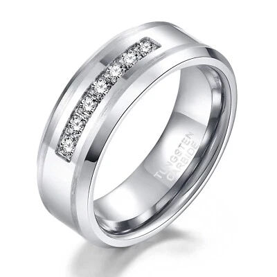 8mm Cubic Zirconia Men Ring Tungsten Wedding Band for Men Comfort Silver - Image 1 of 4