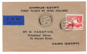 CYPRUS Air Mail Cover MISR FIRST FLIGHT EGYPT Cairo Nicosia 1936{samwells}MA1691 - Picture 1 of 14