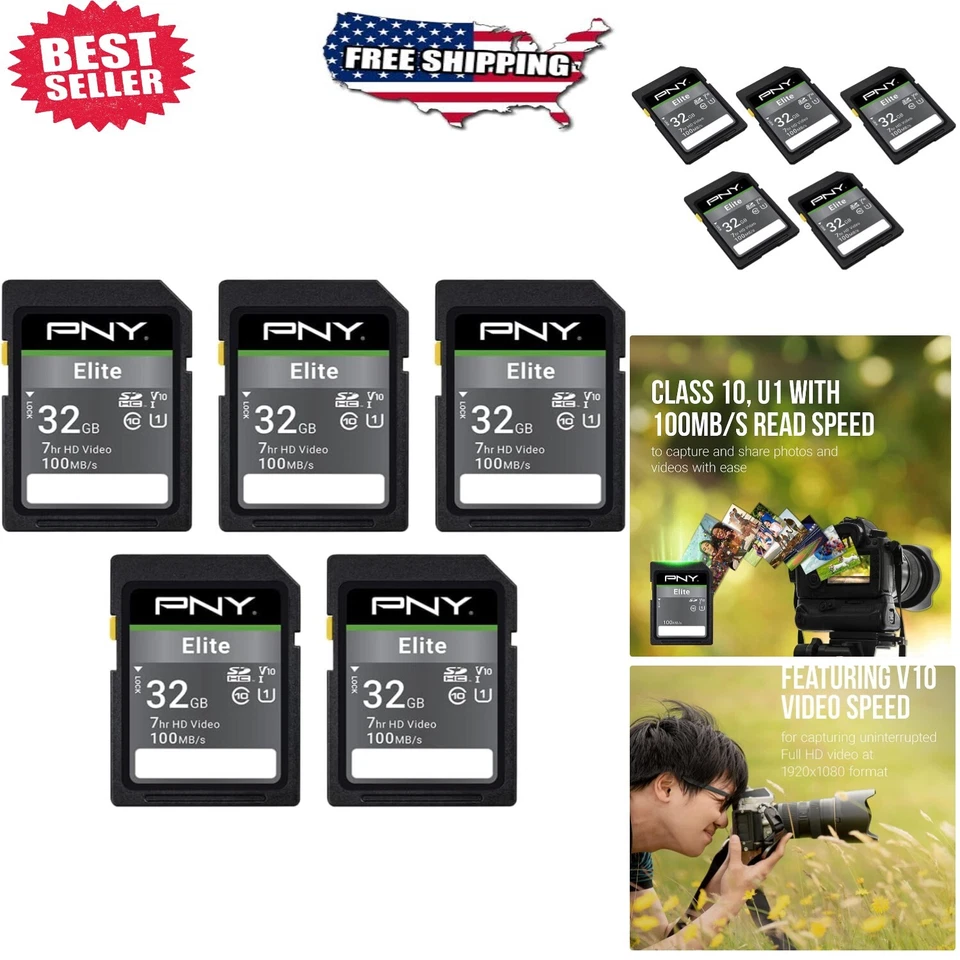 Pack of 5 Class 10 U1 V10 SDHC Cards with 100MB/s - Best for Videography - Image 1 of 4