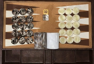 VTG EUC Crisloid Backgammon Set 1.5”Resin White Swirl & Brown Swirl Lrg Dice - Image 1 of 4