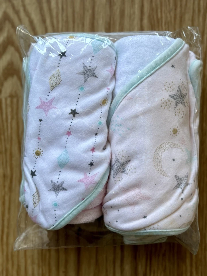 Just Born Sparkle Two Hooded Towel Set Infant Baby Toddler Pink White Stars Moon - Image 1 of 1