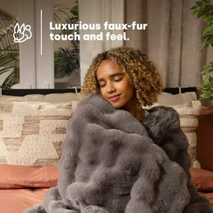 LIVIVO Electric Heated Throw Grey Faux Rabbit Fur Blanket with Auto Shut Off - Picture 1 of 10