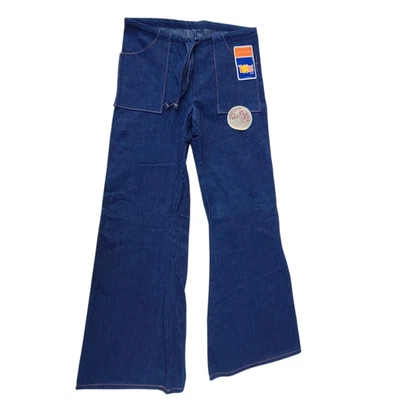 Pantalones de mezclilla vintage años 70 parte inferior campana unisex pierna ancha años 70 lavado oscuro estilo marinero NOS Foto 1 de 4