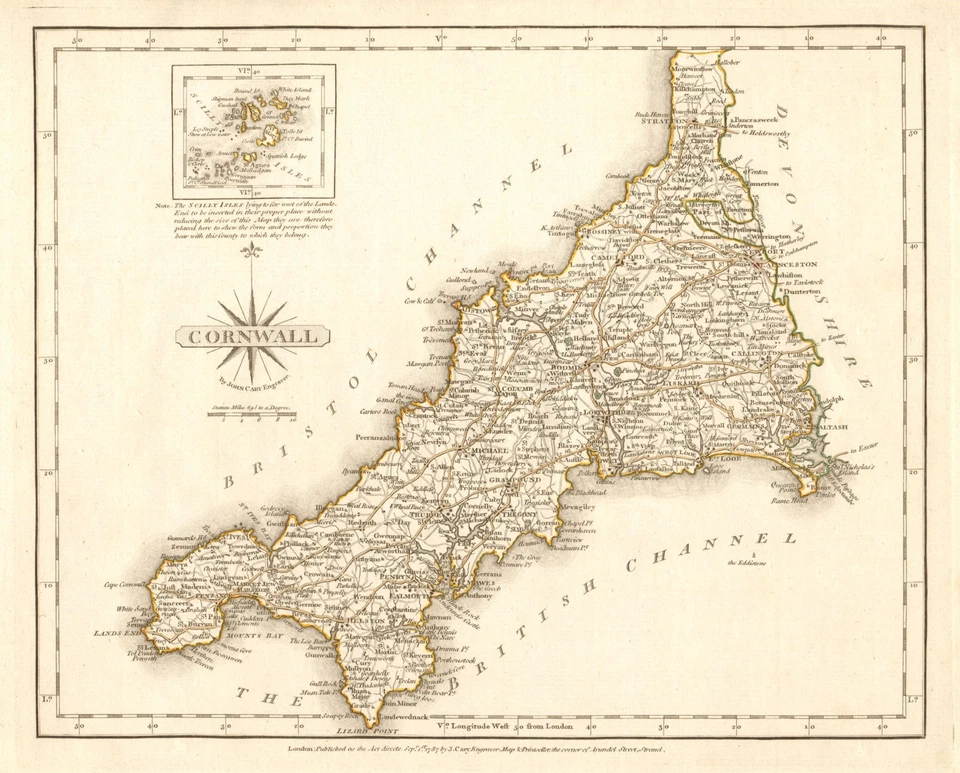 Antique county map of CORNWALL by JOHN CARY. Original outline colour 1787 - Image 1 of 1