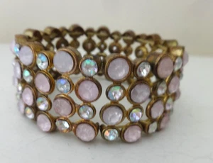 BRACCIALE VINTAGE ROSA STRASS AURORA BOREALE ELASTICIZZATO TONO ORO NON FIRMATO MED/LG - Foto 1 di 8
