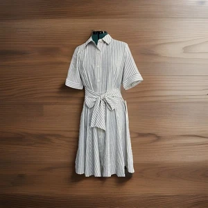 Calvin Klein Damen Knopfleiste Kurzarm Gestreiftes Kleid Grau Weiß Größe 12 - Bild 1 von 16