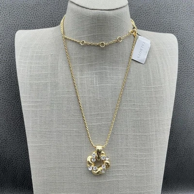 Talbots Gold Tone Rope Chain Pendant Necklace Crystal Wreath Circle Adjustable - Image 1 of 4