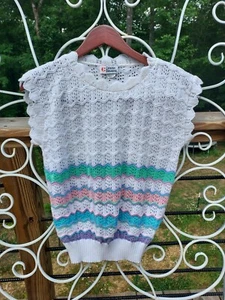 Women S Knit crochet Sweater Top Pastel Stripe White Pink Teal Vintage Sleevless - Picture 1 of 4