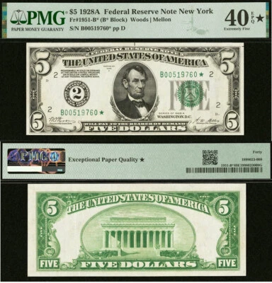 1928A $5 FRN New York PMG 40EPQ - Gold on Demand - Rare Star Note Fr 1951-B* - Image 1 of 3