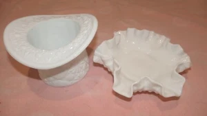 Fenton Milk Glass Top Hat Vase + Ruffled Candy dish - Picture 1 of 19
