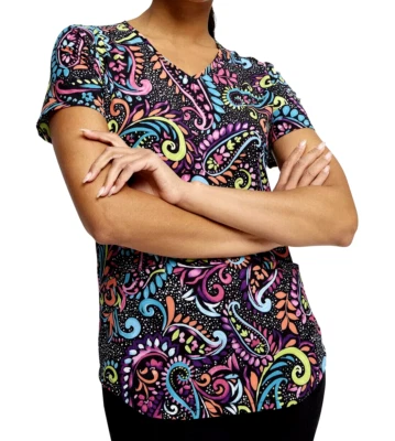Women's Scrubs Painted Vivid Multicolored Paisley Cherokee Genuine V Neck Top M - Image 1 of 4