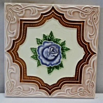 TILE M S TILE WORKS JAPAN ART NOUVEAU ROSE MAJOLICA CERAMIC PORCELAIN RARE #245 - Image 1 of 4