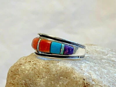 Anillo cuadrado de plata de ley con piedra azul abulón coral 4,27 g joyería talla 7,75 banda  Foto 1 de 4
