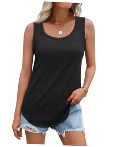 AUTOMET Womens Loose Fit Casual Flowy Tank Tops Round Neck Trendy X-Large Black - Picture 1 of 7