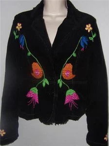 miss me black embroidered flowers ls 2 button collar cotton jacket top size m - Picture 1 of 1