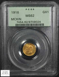 1916 McKinley Commemorative One Dollar Gold G$1 OGH Old Green Holder PCGS MS 62 - Picture 1 of 5