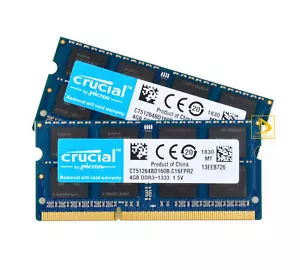 Crucial 2x 4GB 2RX8 PC3-10600S DDR3 1333Mhz Laptop Memory RAM SODIMM 204Pin __ - Picture 1 of 6