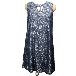 Maurices Kleid Blumen Spitze Metallic Akzent Schlüsselloch ärmellos knielang blau L - Bild 1 von 18