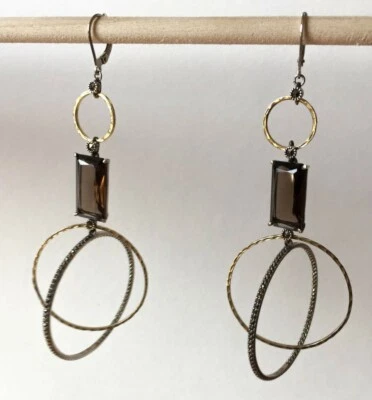 JUDITH JACK 925 纯银 2 色 Marcasite 烟熏石英 多环耳环 — 第 1/3 张图片