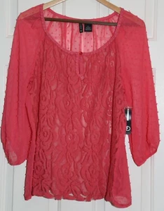 NWT New Directions Pink Sheer Lace Women's Ladies 3/4 Sleeve Top L Large - Picture 1 of 3