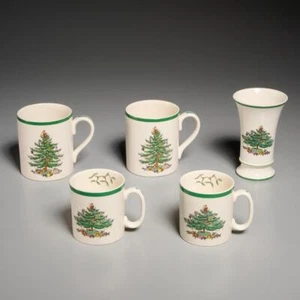 Lote de 5 tazas de café de cerámica verde blanco árbol de Navidad retro Spode de colección - Imagen 1 de 8