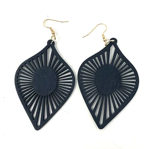 Black Laser Cut Geo Tribal Lightweight Wood Leaf Dangle Earrings Boho - Picture 1 of 2