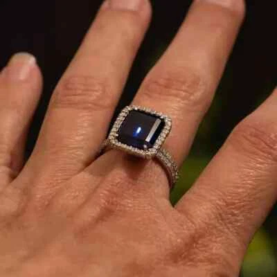 4.50 Ct Emerald Cut Natural Sapphire & Diamond Wedding Ring 14K White Gold Solid - Image 1 of 4