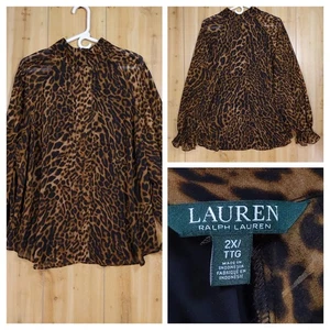 LAUREN Ralph Lauren Damen 2X Leopardenmuster Bluse durchsichtig Chiffon Stehkragen Oberteil - Bild 1 von 20