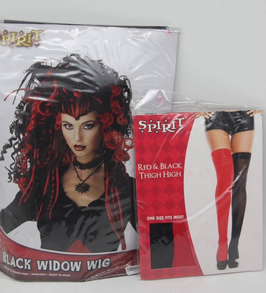 Red & Black Long Curly Costume Wig Cosplay Widow Spider Gothic Anime Vampire 2pc - Image 1 of 4