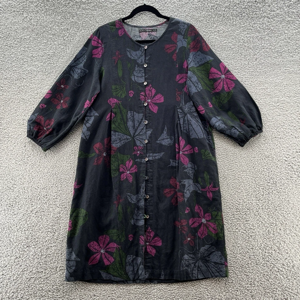 Gudrun Sjödén Dress Small Black Floral Linen Blend Relaxed Lagenlook Pockets - Image 1 of 4