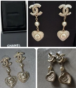 โค๏ธ Chanel Heart Pearl Gem Embellished Drop Large Earrings CC Gold Finish ๐ Xmas - Picture 1 of 13