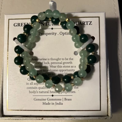 SHIVAM GREEN AVENTURINE & QUARTZ GENUINE GEMSTONE BEADED & BRASS BRACELET~NIB! - Image 1 of 4