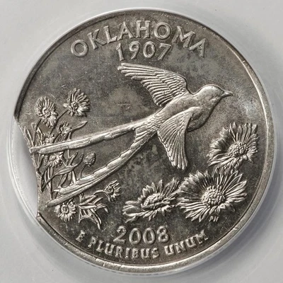 2008 ANACS MS63 Curved Clip Oklahoma Quarter Mint Error Very Rare - Image 1 of 4